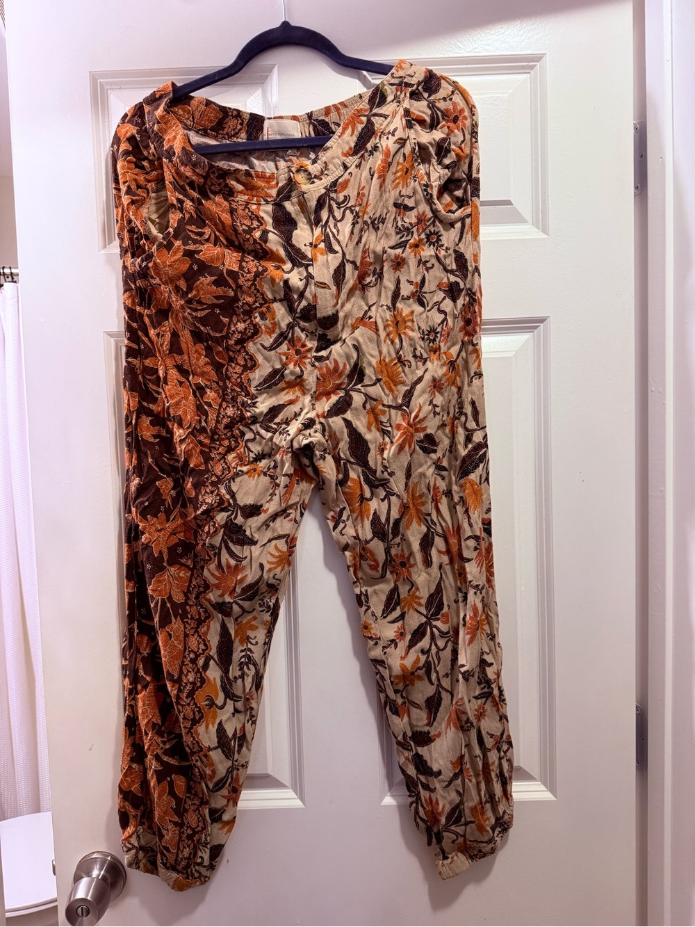 Anthropologie Floral Track Pants in Beige, Brown & Orange